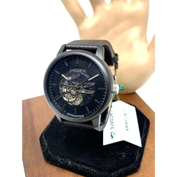 Lacoste Men's Watch 2011383 Automatic Black Dial Leather Band 44mm - Picture 13 of 14